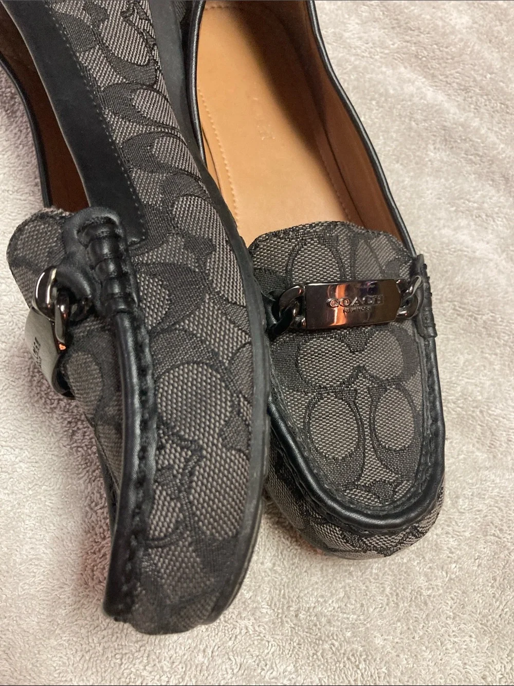 Coach Black Signature Canvas Driving Loafers with Gunmetal Hardware